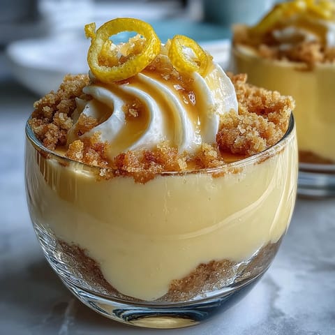 Elegant lemon mousse layered over golden shortbread crumble — a light and zesty treat with a satisfying crunch.  