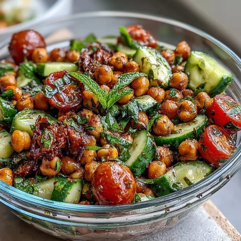 A vibrant bowl of Healthy Easy Cucumber Chickpea Salad with Lemon Vinaigrette, bursting with fresh cucumbers, tomatoes, and herbs.