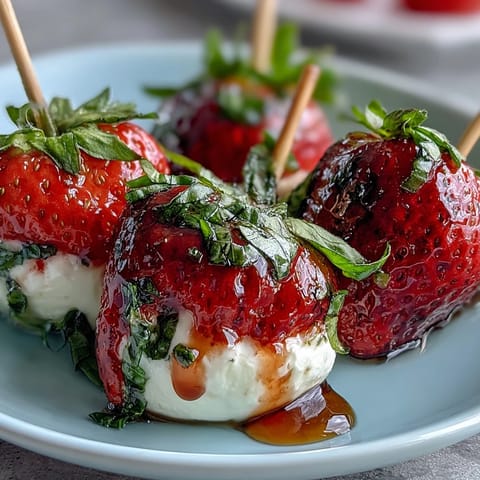 Strawberry Caprese Skewers with juicy strawberries, creamy mozzarella, and fresh basil drizzled with balsamic glaze, served on a rustic wooden board.