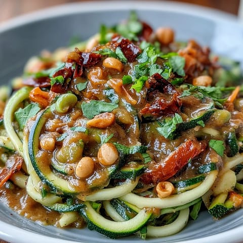 Healthy Easy Zucchini Noodle Stir-Fry with Peanut Sauce, featuring spiralized zucchini and crisp vegetables in a creamy, tangy peanut sauce.