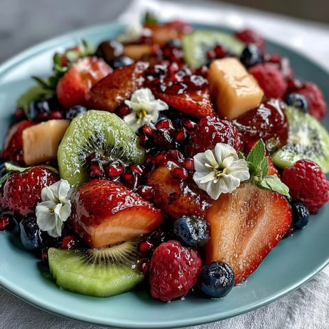 Colorful arrangement of fresh fruit and edible flowers, ideal for a healthy grad celebration spread.