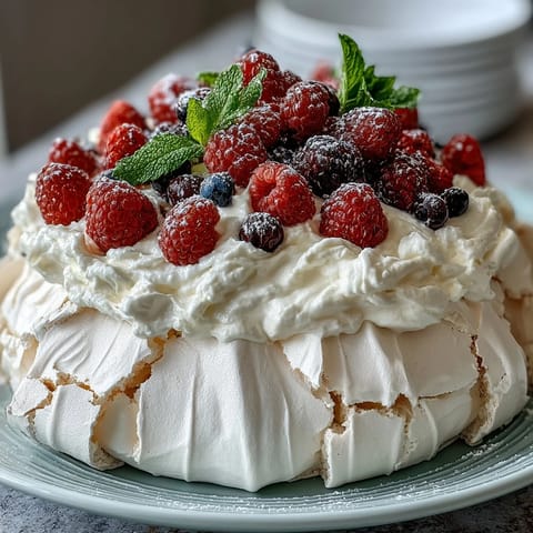Elegant Mothers Day Pavlova with Mixed Berries, crisp meringue shell topped with whipped cream and vibrant fresh berries.