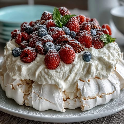 Delicate Mothers Day Pavlova with Mixed Berries, featuring a soft marshmallow center and a colorful medley of fresh seasonal fruit.