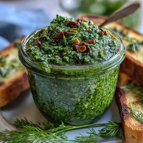 Creamy dandelion pesto with toasted pine nuts and garlic, ideal as a dip or drizzled over roasted vegetables.
