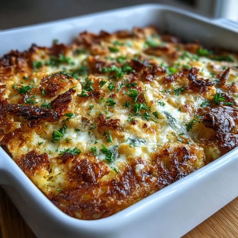 Amish Breakfast Casserole with golden hash browns, savory sausage, and melted cheese, baked to perfection for a hearty morning meal.