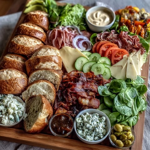 Loaded Deli Sandwich Board with assorted meats, cheeses, and fresh vegetables on a large serving platter for a customizable picnic spread.