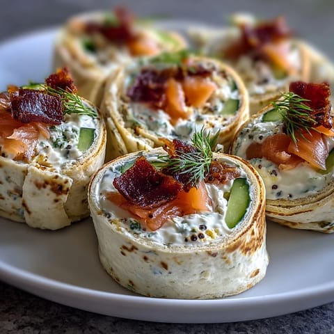 Smoked Salmon & Cucumber Cream Cheese Pinwheels with dill, perfect for elegant appetizers or party platters.