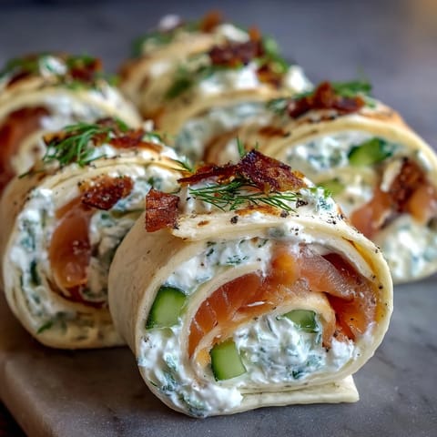 Creamy dill-infused cheese and smoked salmon wrapped in tortillas, sliced into elegant Smoked Salmon & Cucumber Cream Cheese Pinwheels.