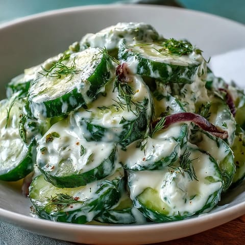 Creamy Cucumber Dill Salad with fresh cucumbers and red onions in a tangy dill dressing, perfect for summer picnics or barbecues.