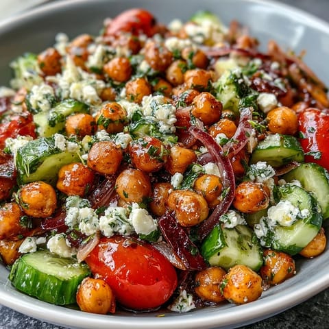 Cold Chickpea Salad with Lemon Herbs: a vibrant bowl of chickpeas, crisp cucumbers, and cherry tomatoes tossed in a bright lemon-herb dressing.