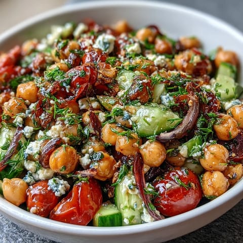 Fresh and zesty Cold Chickpea Salad with Lemon Herbs features juicy tomatoes, crunchy cucumber, and fragrant parsley for a refreshing summer meal.