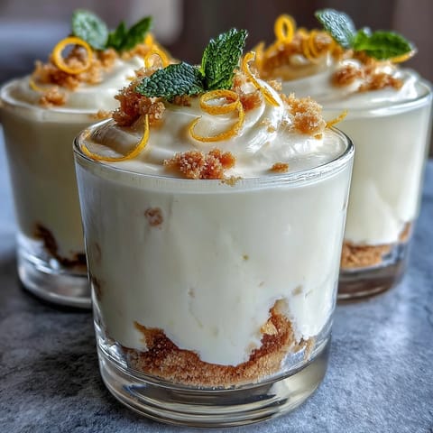 Vibrant lemon mousse cups with buttery shortbread cookies, garnished with fresh berries and mint for a refreshing dessert.  