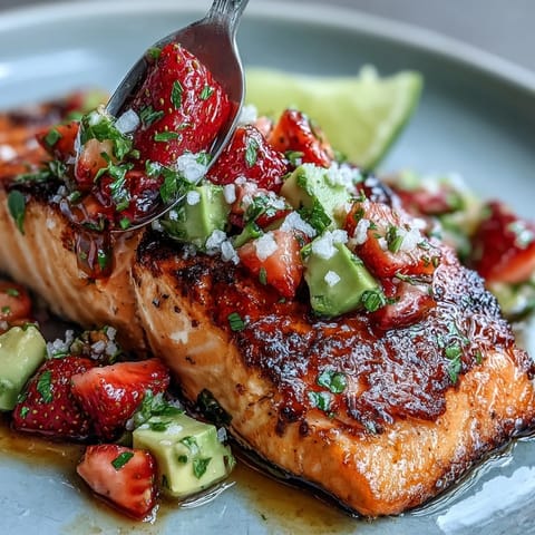 Bright grilled salmon topped with juicy strawberry avocado salsa, perfect for summer.