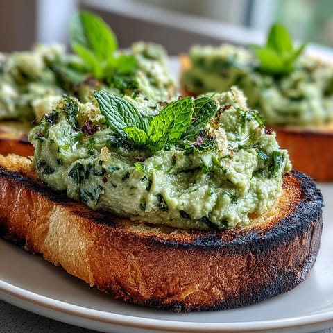 Bright, fresh fava bean and mint atop crisp, grilled sourdough for a delightful bite.