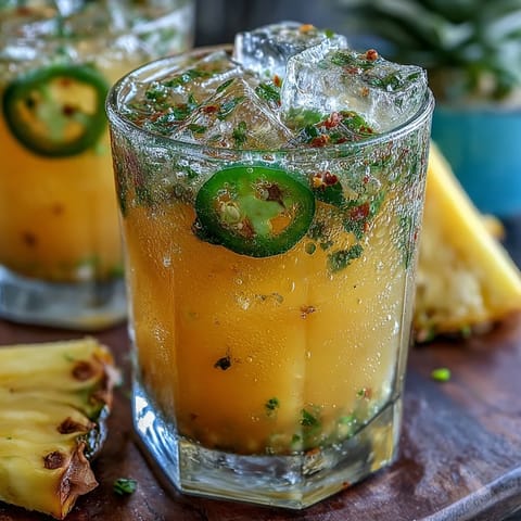 Serving chilled Pineapple Jalapeño Agua Fresca with fresh fruit garnishes and ice.