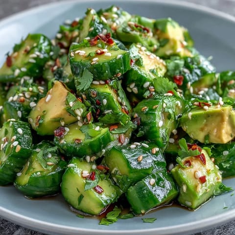 Vibrant Smashed Cucumber and Avocado Salad with sesame, topped with fresh herbs.