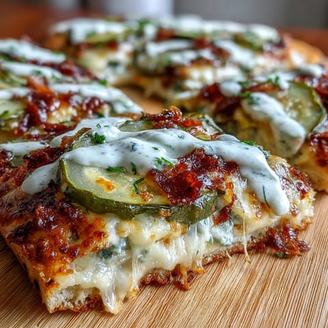 Pickle pizza flatbread hot from oven with creamy garlic ranch drizzle.