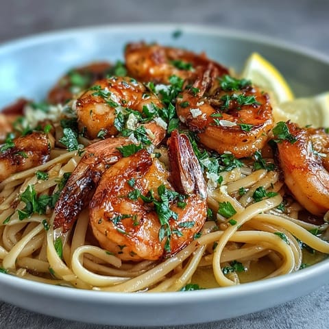 Shrimp Scampi Linguine glistening with garlic, lemon, and fresh parsley.