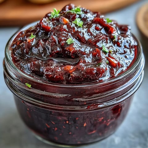 Rich Blackberry Jalapeño BBQ Sauce in a jar, glistening and ready for dipping.