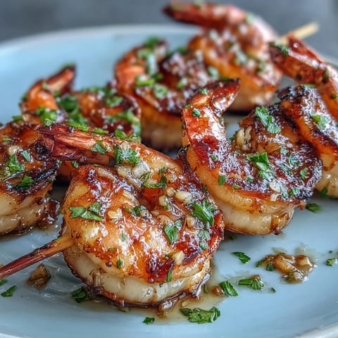 Grilled Honey Garlic Shrimp Skewers sizzling and caramelized on a summer grill.