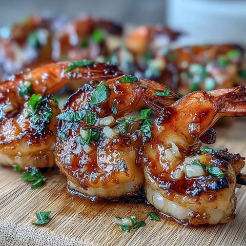 Close-up of juicy Grilled Honey Garlic Shrimp Skewers with fresh parsley garnish.