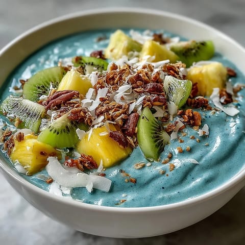 Creamy Blue Spirulina Smoothie Bowl swirled with blue, topped beautifully with fresh fruit.