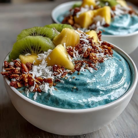 VIBRANT Blue Spirulina Smoothie Bowl with tropical fruit slices and granola highlights.