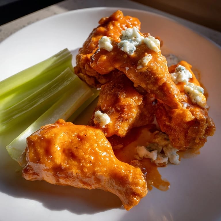 Spicy Buffalo wings, crispy on the outside, and coated in a tantalizing, buttery hot sauce.