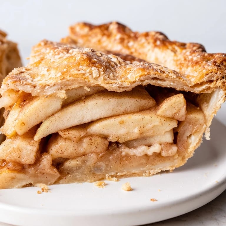 This classic American Apple Pie shows a beautiful, bubbly filling ready to enjoy warm.