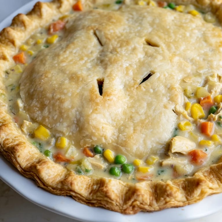 Sliced Chicken Pot Pie, revealing juicy chicken pieces and rich sauce for a satisfying meal.