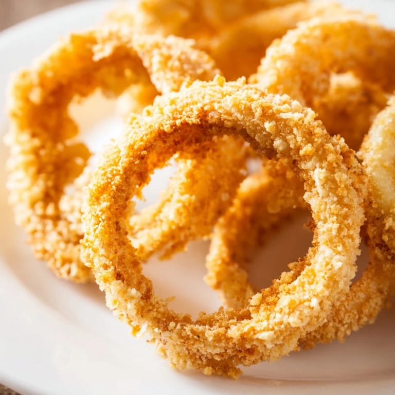 A close-up of perfectly golden onion rings, showcasing their enticing, crunchy, fried exterior.