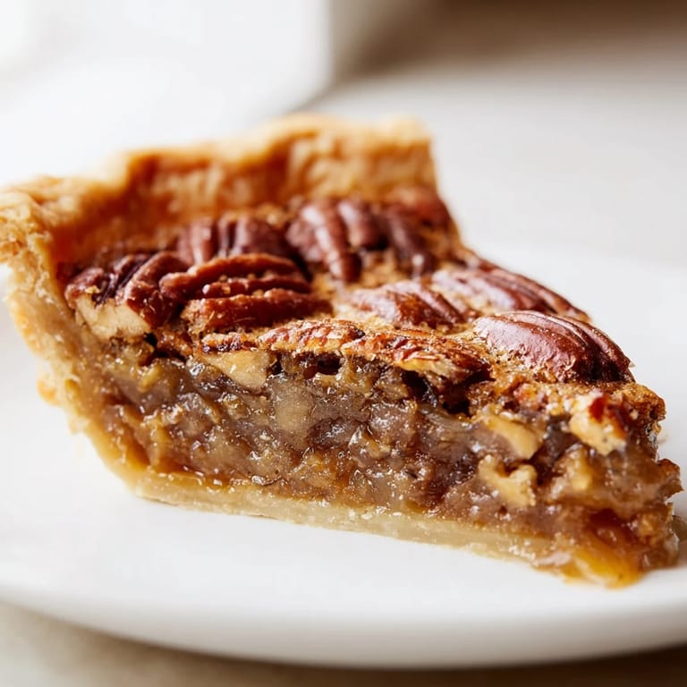 Close-up of freshly baked Pecan Pie, featuring a rich, dark filling studded with pecans; perfect for sharing.