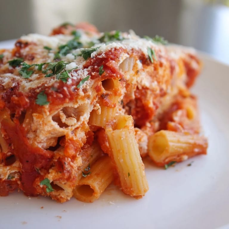 Savory Baked Ziti, showcasing a bubbling casserole with a rich tomato sauce and cheesy top layer.