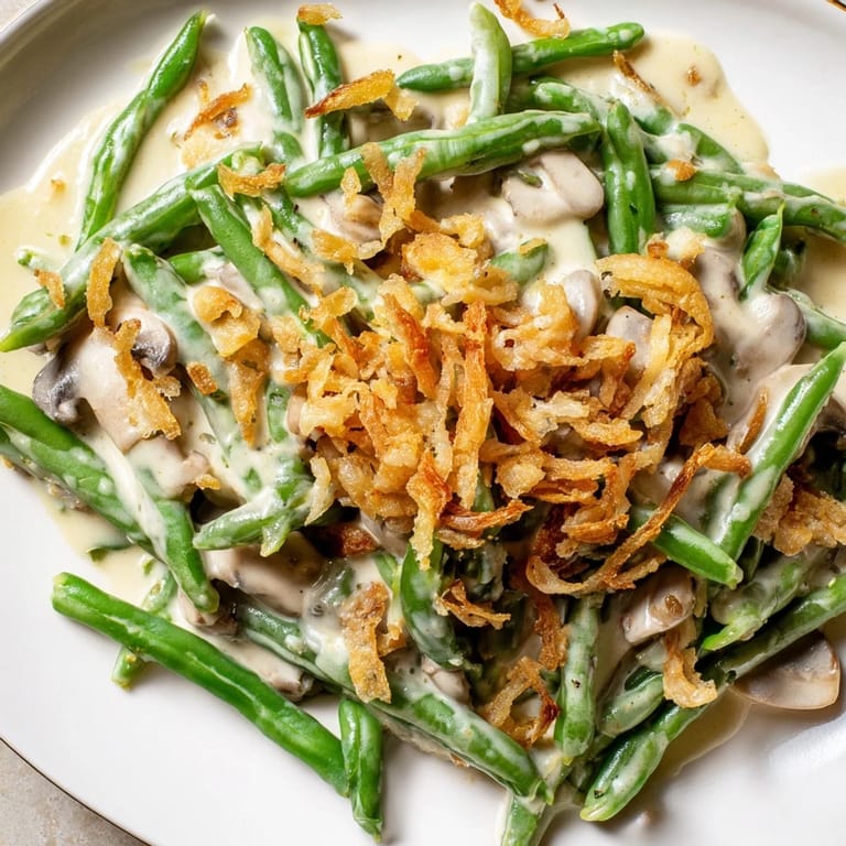 Creamy, homemade Green Bean Casserole with tender green beans, a rich mushroom sauce, and crunchy topping.