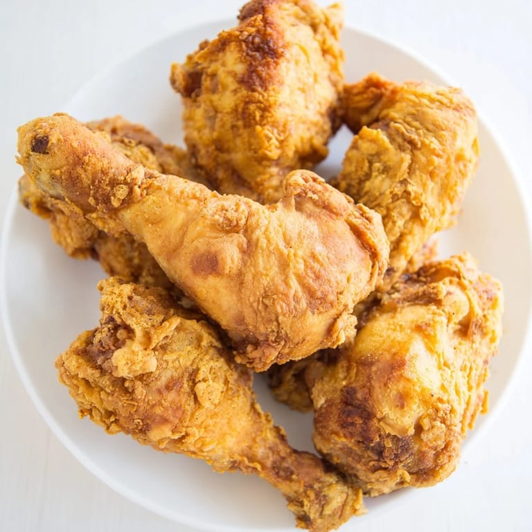 A plate of homemade fried chicken, ready to eat, served alongside classic sides.