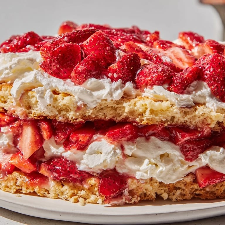 A perfect slice of strawberry shortcake showcasing juicy strawberries and billowy whipped cream, ready to eat.
