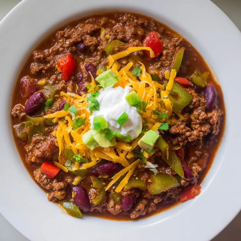 A close-up shot of hearty Chili con Carne, with rich red sauce, savory spices, and beans.