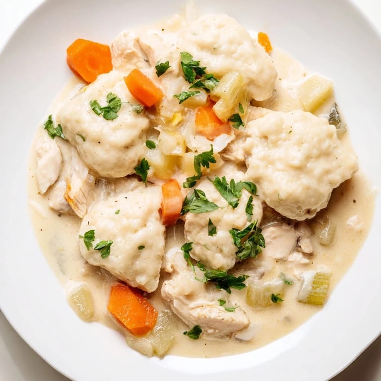Close-up of hearty Chicken and Dumplings showcasing tender chicken and pillowy, homemade dumplings.