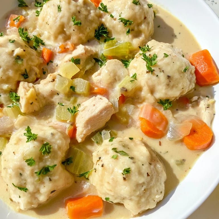 Warm and savory Chicken and Dumplings with a garnish of parsley, perfect for a cozy dinner.