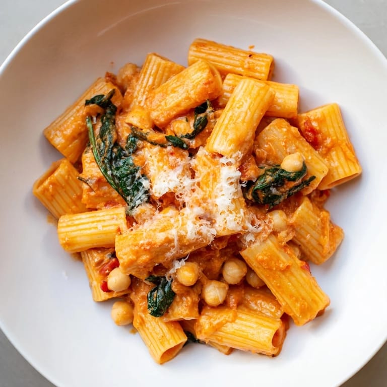 A close-up of Creamy Tuscan Chickpea Pasta reveals garlic flecks and melted Parmesan, perfect for a vegetarian weeknight dinner.  