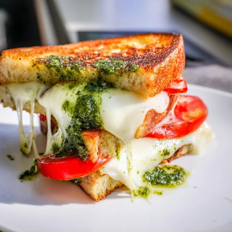A savory Caprese Pesto Grilled Cheese rests on a cutting board, ready to be served warm.