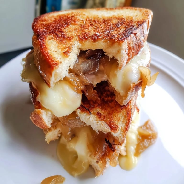 Served halves reveal layered sweet onions and gooey cheddar on a plate, perfect for dipping with tomato soup.