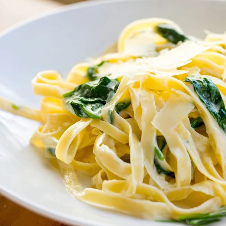 Overhead view of a skillet of Creamy Garlic Spinach Pasta, garnished with fresh parsley and grated Parmesan, perfect for a weeknight dinner.