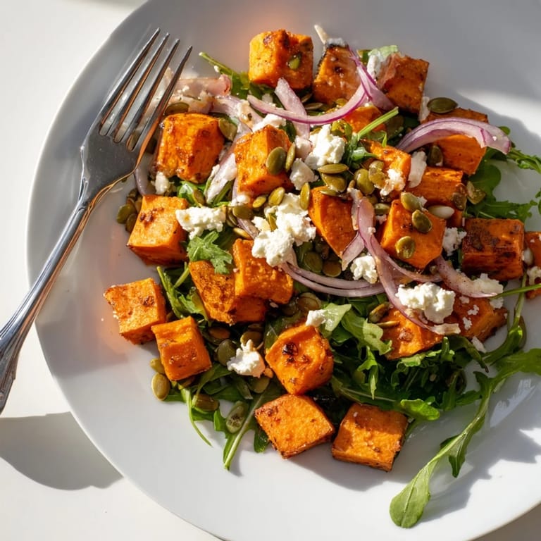 Serving suggestion for roasted sweet potato salad, plated as a light lunch with creamy feta and a tangy honey-lime dressing.
