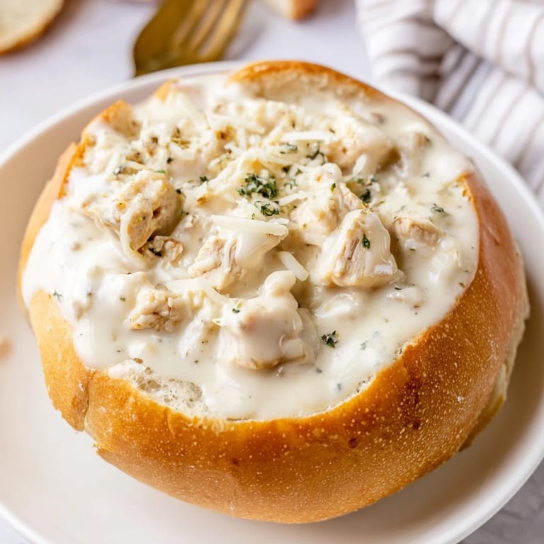 Freshly baked bread holds rich chicken Alfredo, garnished with chopped parsley and extra Parmesan cheese.