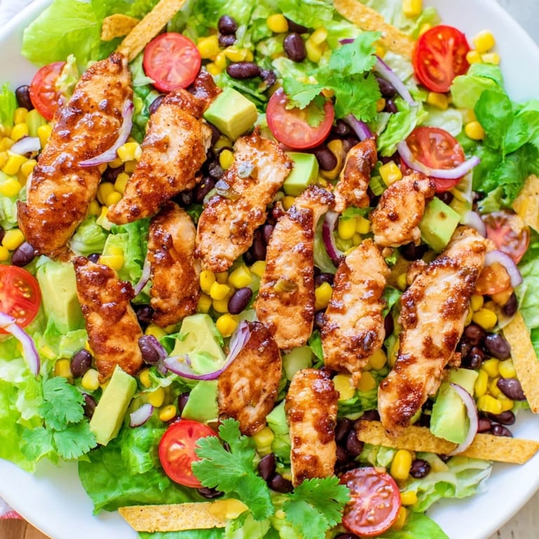 A close-up view of the honey lime chicken taco salad highlights juicy grilled chicken and colorful vegetables on a dinner table.