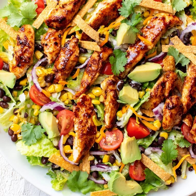 Tortilla strips add crunch to this honey lime chicken taco salad, served in a ceramic bowl with fresh cilantro.