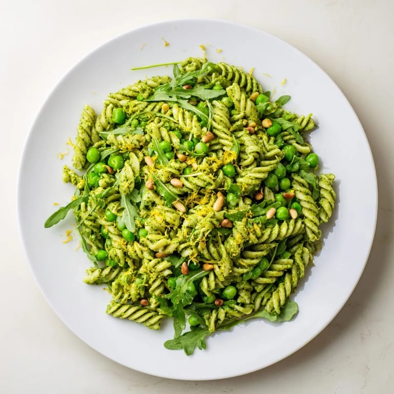 A colorful bowl of Spring Green Pesto Pasta Salad featuring al dente fusilli, homemade pesto, and crisp greens.