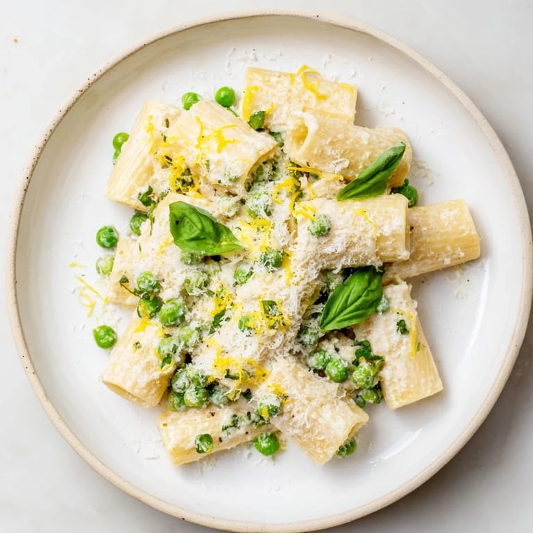 A close-up shows glossy peas and lemon zest mixed into Pea & Lemon Ricotta Pasta, with olive oil glistening on tender rigatoni.