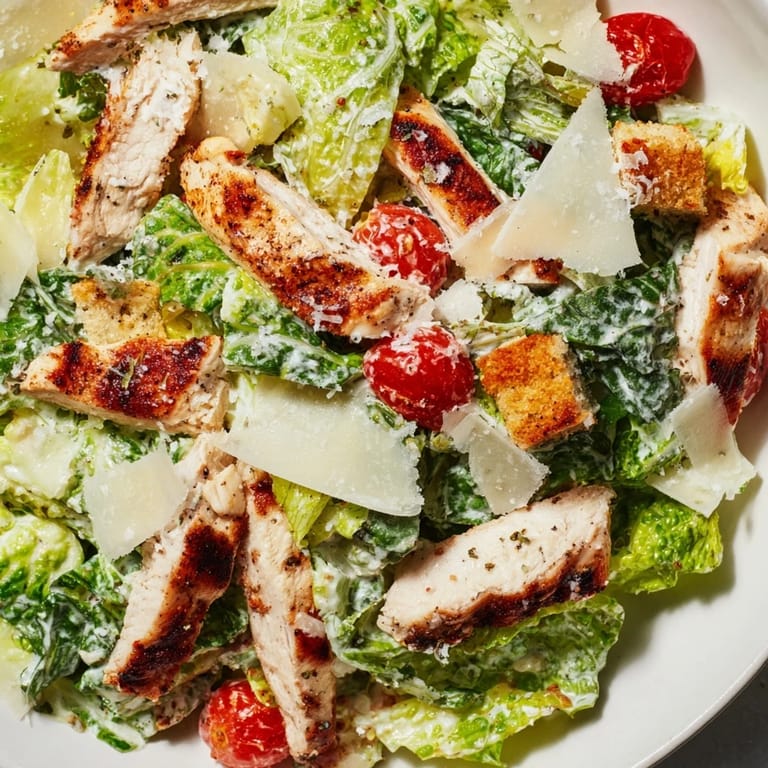 A plated serving of yogurt Caesar grilled chicken salad, showcasing sliced grilled chicken, vibrant cherry tomatoes, and shaved Parmesan over crisp romaine.